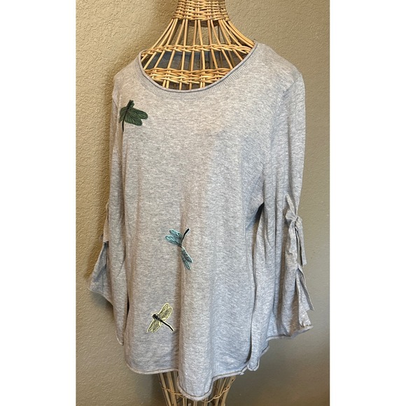 Democracy Sweaters - Democracy Womens Gray Dragonfly Embroidered Bell Sleeve Cotton Sweater Top L